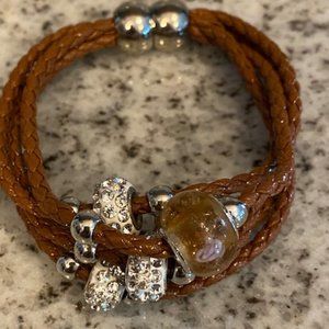 Multi-strand leather bracelet with beads and magnetic closure